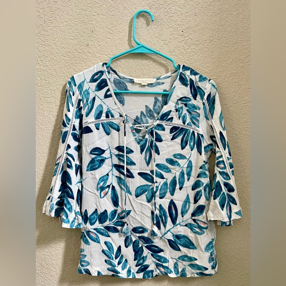 Lovestitch Blue Leaves 3/4 Sleeve Blouse